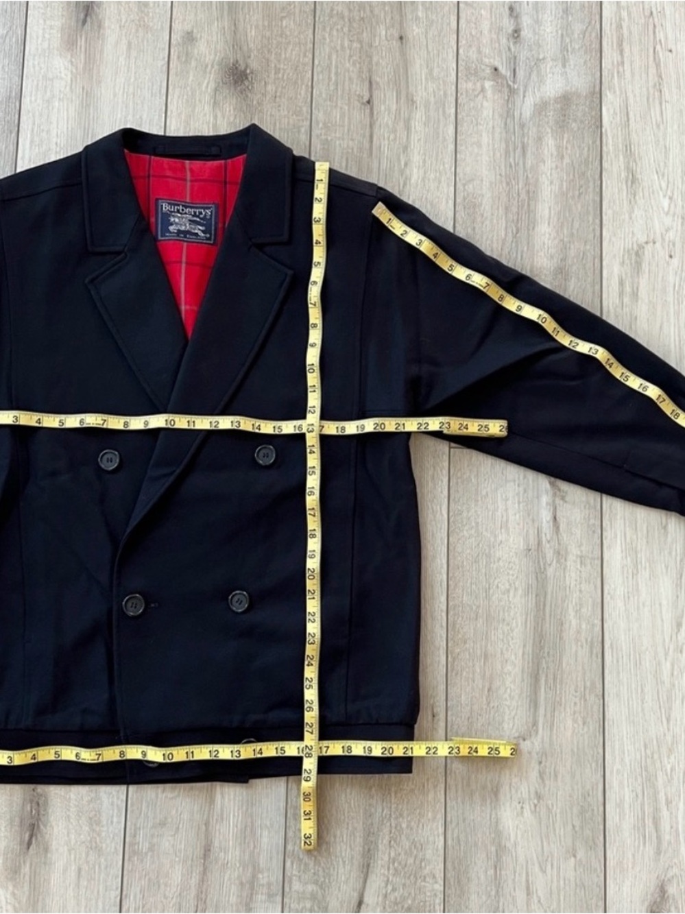 BURBERRY Black Double-Breasted Wool Blazer with Red Plaid Lining - Picture 9 of 14